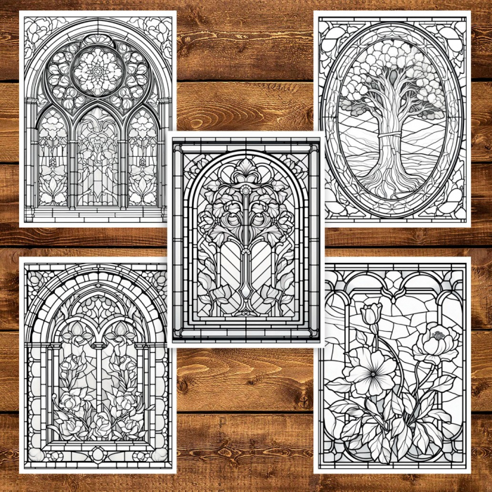 Carte de colorat pentru adulti, 50 de ilustratii, Vitralii Fermecatoare - Volumul I, 106 pagini [5]