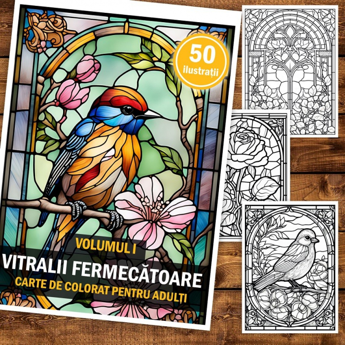 Carte de colorat pentru adulti, 50 de ilustratii, Vitralii Fermecatoare - Volumul I, 106 pagini [2]