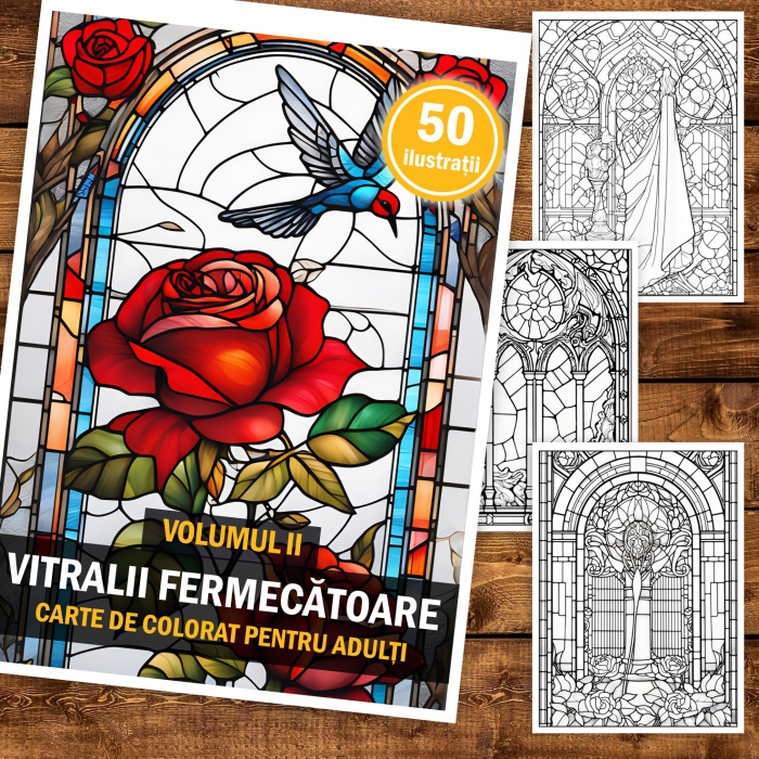 Carte de colorat pentru adulti, 50 de ilustratii, Vitralii Fermecatoare - Volumul II, 106 pagini [2]