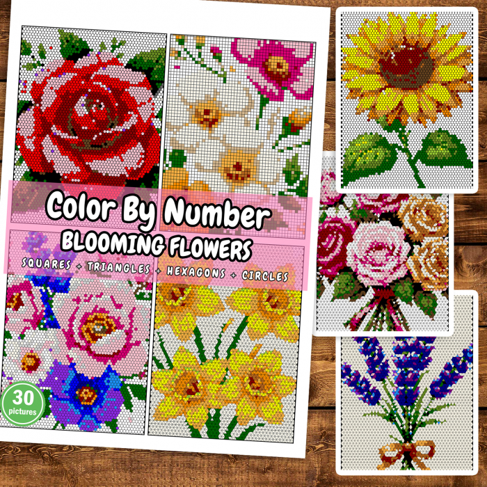 Carte de colorat cu numere, color by number, 30 de ilustratii Blooming Flowers, 66 pagini [4]