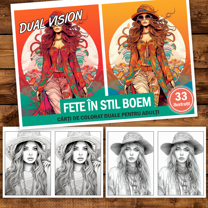 Carte de colorat Dual Vision, 33x2 ilustratii cu Fete in stil Boem, 66 pagini [2]