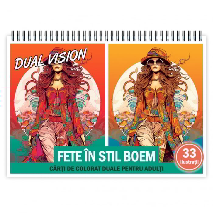 Carte de colorat Dual Vision, 33x2 ilustratii cu Fete in stil Boem, 66 pagini [1]