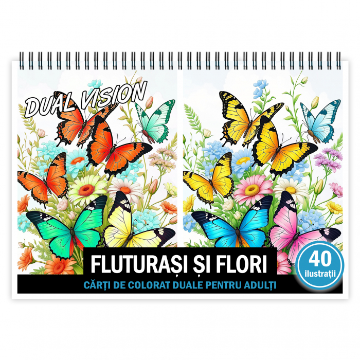 Carte de colorat Dual Vision, 40x2 ilustratii cu Fluturasi si Flori, 86 pagini [1]