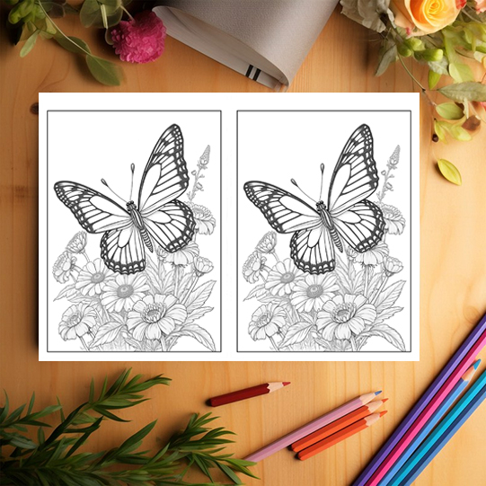 Carte de colorat Dual Vision, 40x2 ilustratii cu Fluturasi si Flori, 86 pagini [3]