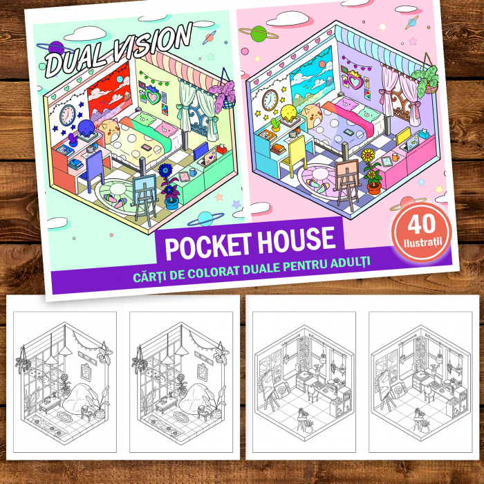Carte de colorat Dual Vision, 40x2 ilustratii cu Pocket House, 86 pagini [2]