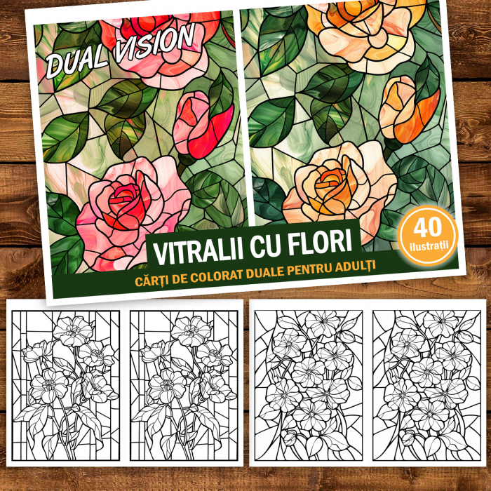 Carte de colorat Dual Vision, 40x2 ilustratii cu Vitralii cu Flori, 86 pagini [2]
