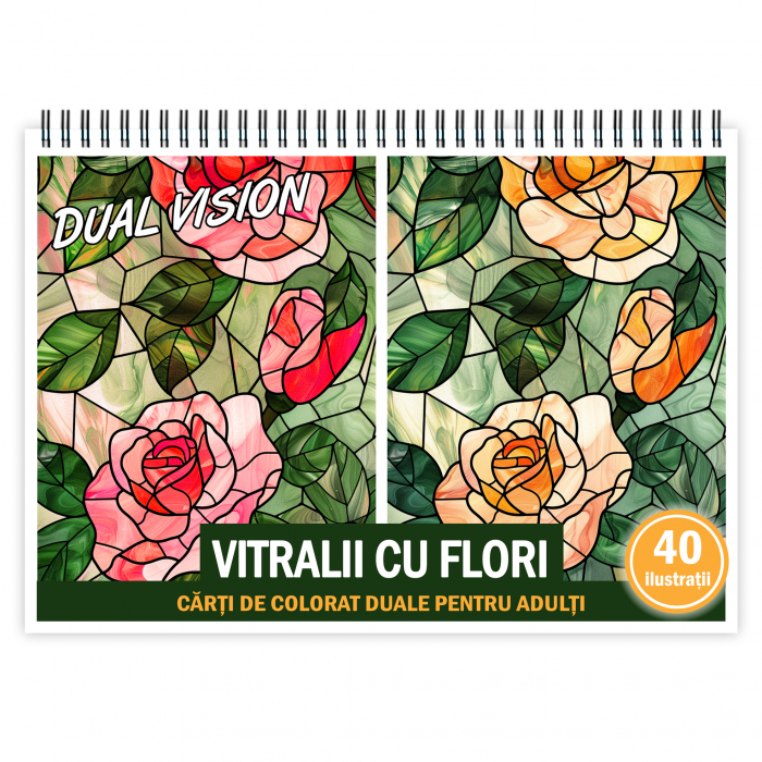 Carte de colorat Dual Vision, 40x2 ilustratii cu Vitralii cu Flori, 86 pagini [1]