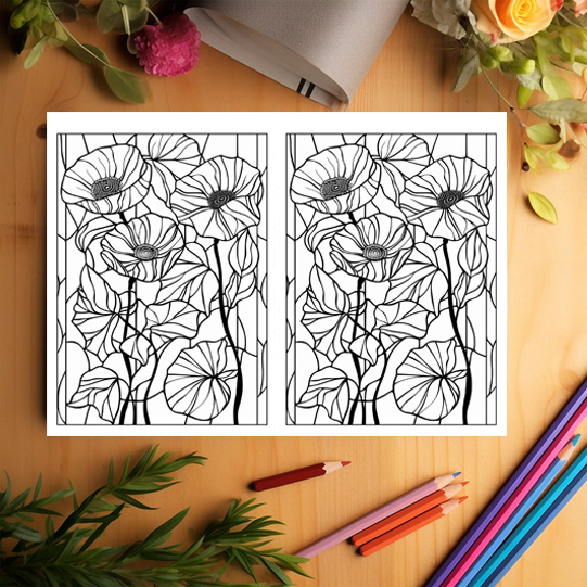 Carte de colorat Dual Vision, 40x2 ilustratii cu Vitralii cu Flori, 86 pagini [3]