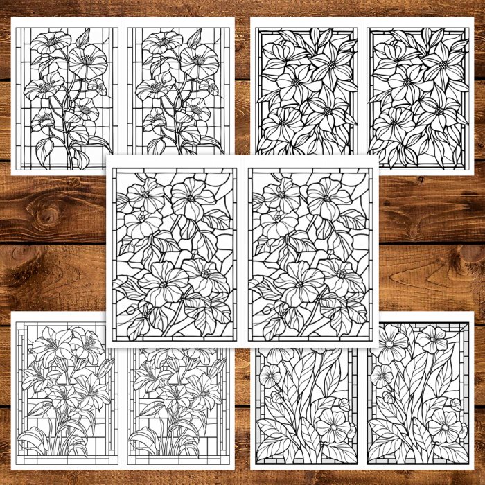Carte de colorat Dual Vision, 40x2 ilustratii cu Vitralii cu Flori, 86 pagini [5]