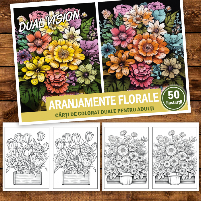 Carte de colorat Dual Vision, 50x2 ilustratii cu Aranjamente Florale, 106 pagini [2]