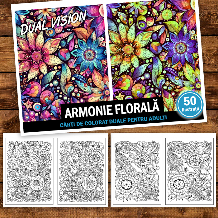 Carte de colorat Dual Vision, 50x2 ilustratii cu Armonie Florala, 106 pagini [2]
