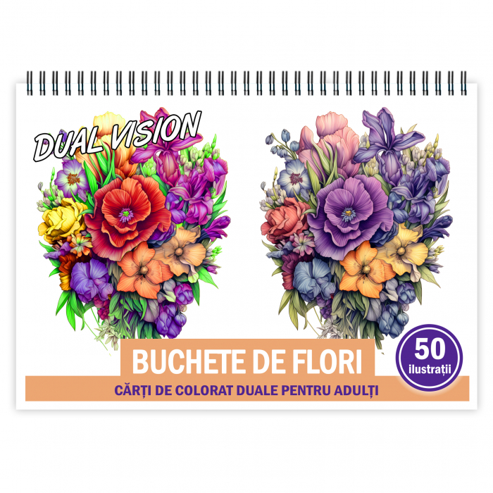Carte de colorat Dual Vision, 50x2 ilustratii cu Buchete de Flori, 106 pagini [1]