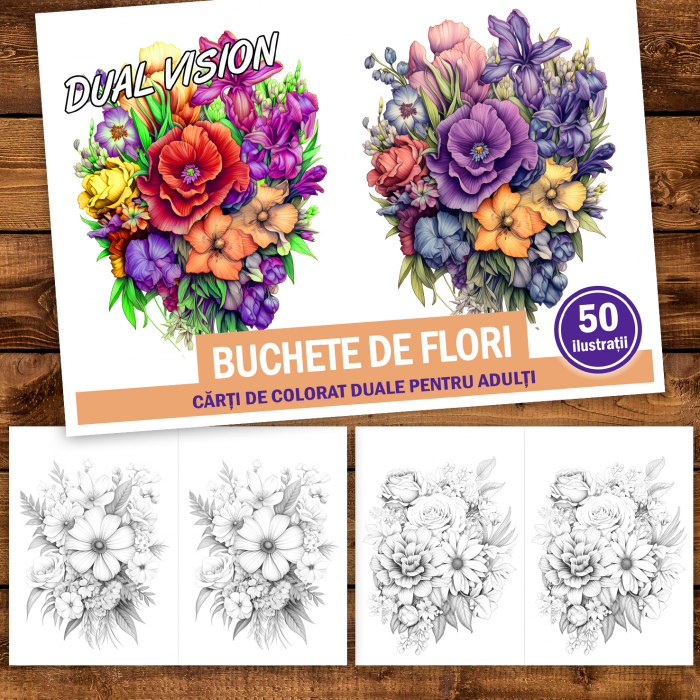 Carte de colorat Dual Vision, 50x2 ilustratii cu Buchete de Flori, 106 pagini [2]