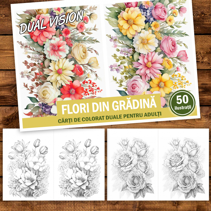 Carte de colorat Dual Vision, 50x2 ilustratii cu Flori din Gradina, 106 pagini [2]