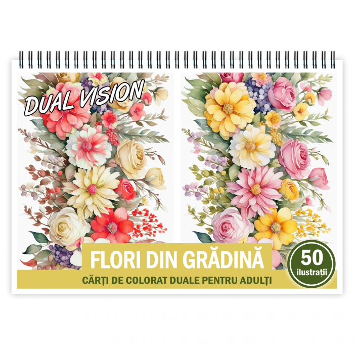 Carte de colorat Dual Vision, 50x2 ilustratii cu Flori din Gradina, 106 pagini [1]