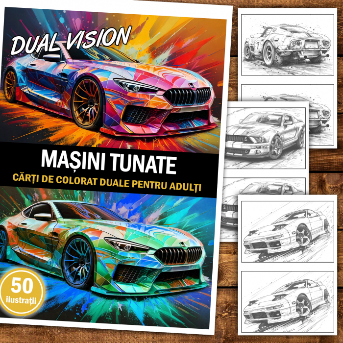 Carte de colorat Dual Vision, 50x2 ilustratii cu Masini Tunate, 106 pagini [2]