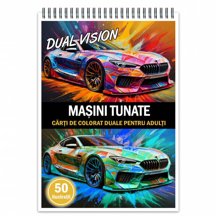 Carte de colorat Dual Vision, 50x2 ilustratii cu Masini Tunate, 106 pagini [1]