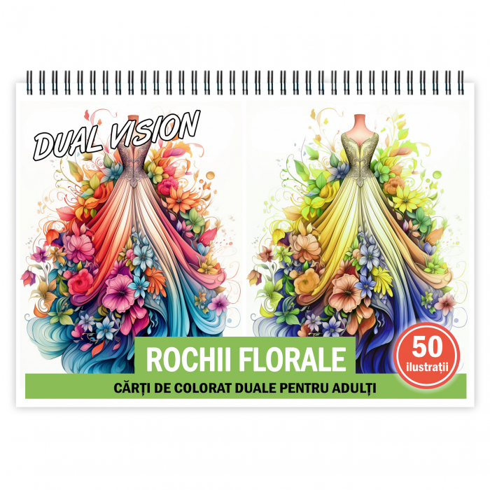 Carte de colorat Dual Vision, 50x2 ilustratii cu Rochii florale, 106 pagini [1]