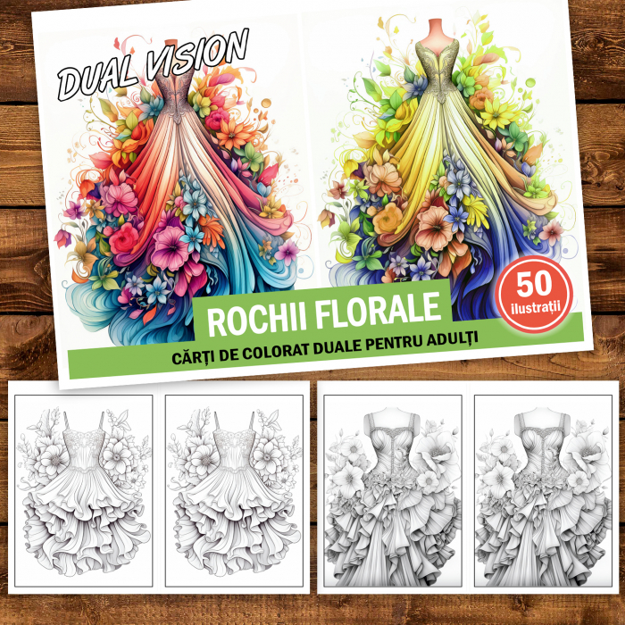 Carte de colorat Dual Vision, 50x2 ilustratii cu Rochii florale, 106 pagini [2]