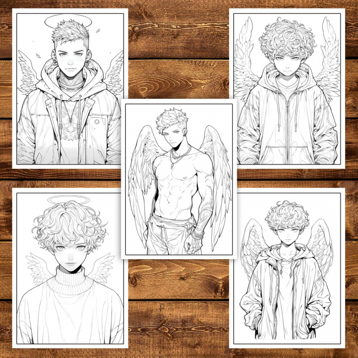 Carte de colorat pentru adulti, 50 de ilustratii, Anime Angel Boys, 106 pagini [5]