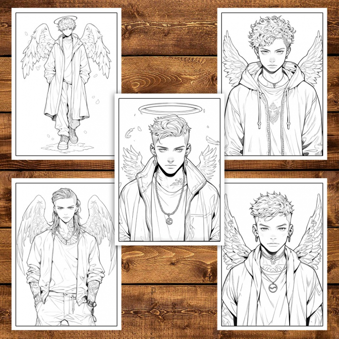 Carte de colorat pentru adulti, 50 de ilustratii, Anime Angel Boys, 106 pagini [4]