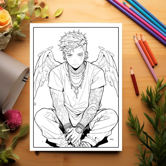 Carte de colorat pentru adulti, 50 de ilustratii, Anime Angel Boys, 106 pagini [3]