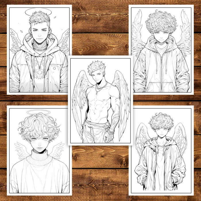 Carte de colorat pentru adulti, 50 de ilustratii, Anime Angel Boys, 106 pagini [5]