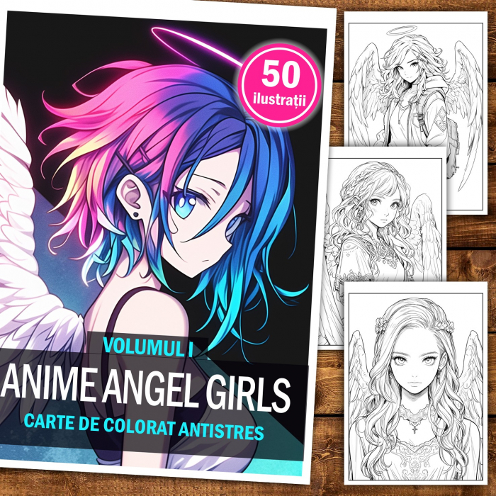 Carte de colorat pentru adulti, 50 de ilustratii, Anime Angel Girls, 106 pagini [2]