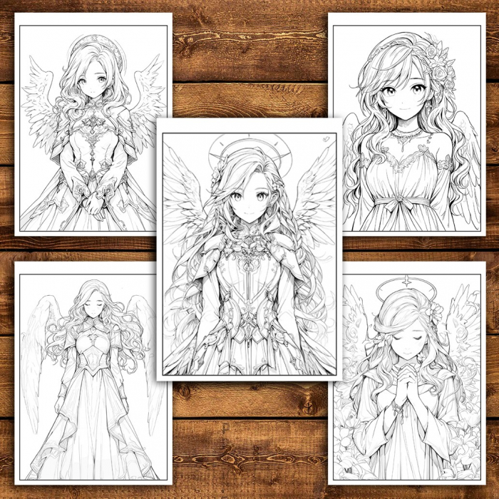 Carte de colorat pentru adulti, 50 de ilustratii, Anime Angel Girls, 106 pagini [5]