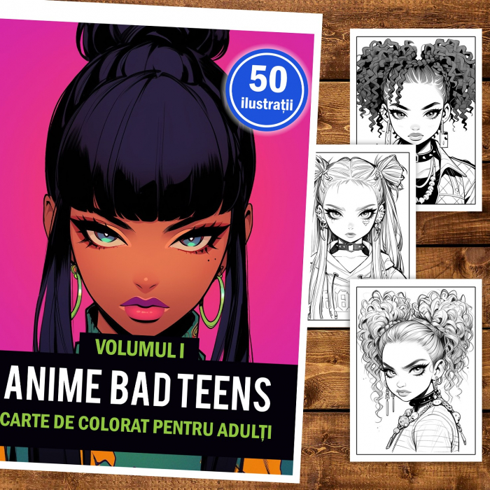 Carte de colorat pentru adulti, 50 de ilustratii, Anime Bad Teens - Volumul I, 106 pagini [2]