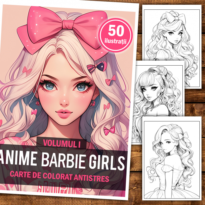Carte de colorat pentru adulti, 50 de ilustratii, Anime Barbie Girls - Volumul I, 106 pagini [2]