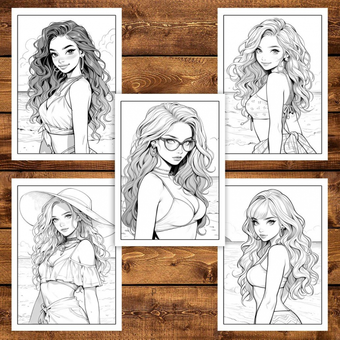 Carte de colorat pentru adulti, 50 de ilustratii, Anime Beach Girls, 106 pagini [4]