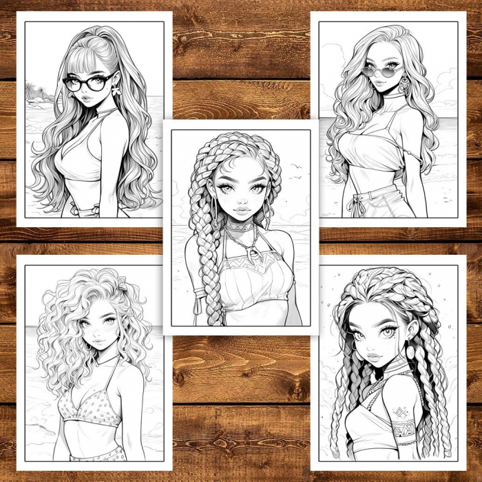Carte de colorat pentru adulti, 50 de ilustratii, Anime Beach Girls, 106 pagini [3]