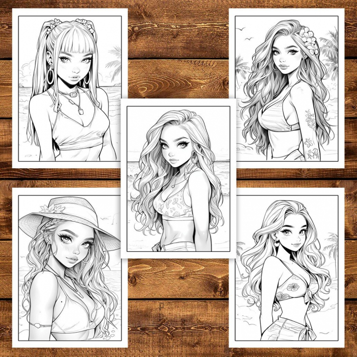 Carte de colorat pentru adulti, 50 de ilustratii, Anime Beach Girls, 106 pagini [5]
