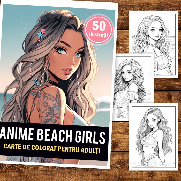 Carte de colorat pentru adulti, 50 de ilustratii, Anime Beach Girls, 106 pagini [2]