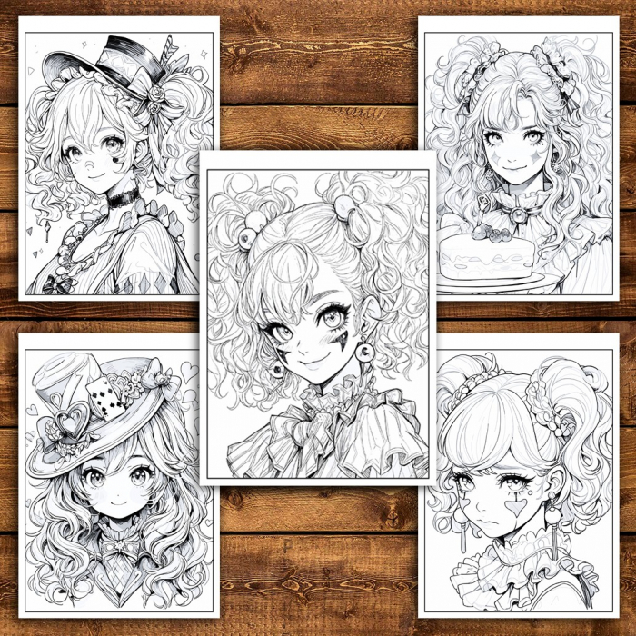 Carte de colorat pentru adulti, 50 de ilustratii, Anime Clown Girls, 106 pagini [5]