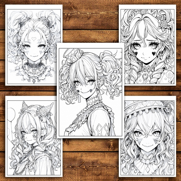 Carte de colorat pentru adulti, 50 de ilustratii, Anime Clown Girls, 106 pagini [4]