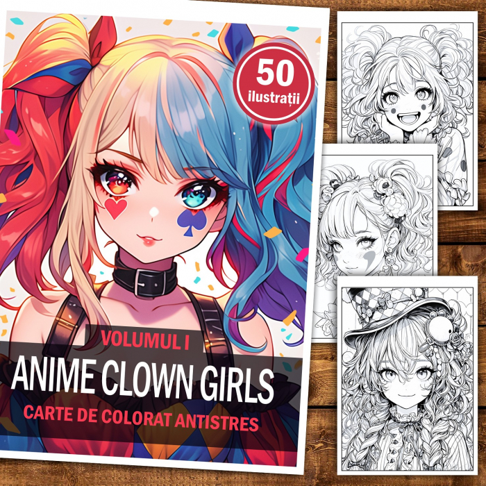 Carte de colorat pentru adulti, 50 de ilustratii, Anime Clown Girls, 106 pagini [3]