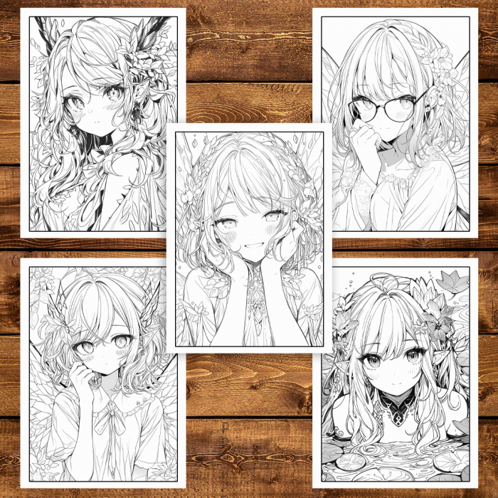 Carte de colorat pentru adulti, 50 de ilustratii, Anime Fairies - Volumul II, 106 pagini [6]