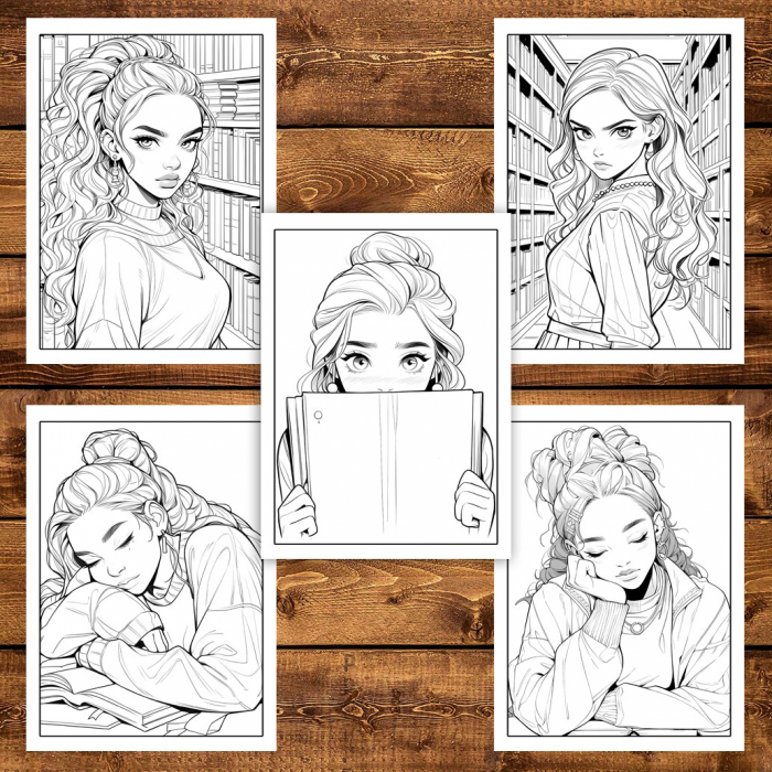 Carte de colorat pentru adulti, 50 de ilustratii, Anime Girls With Books, 106 pagini [5]