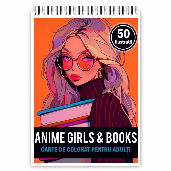 Carte de colorat pentru adulti, 50 de ilustratii, Anime Girls With Books, 106 pagini [1]