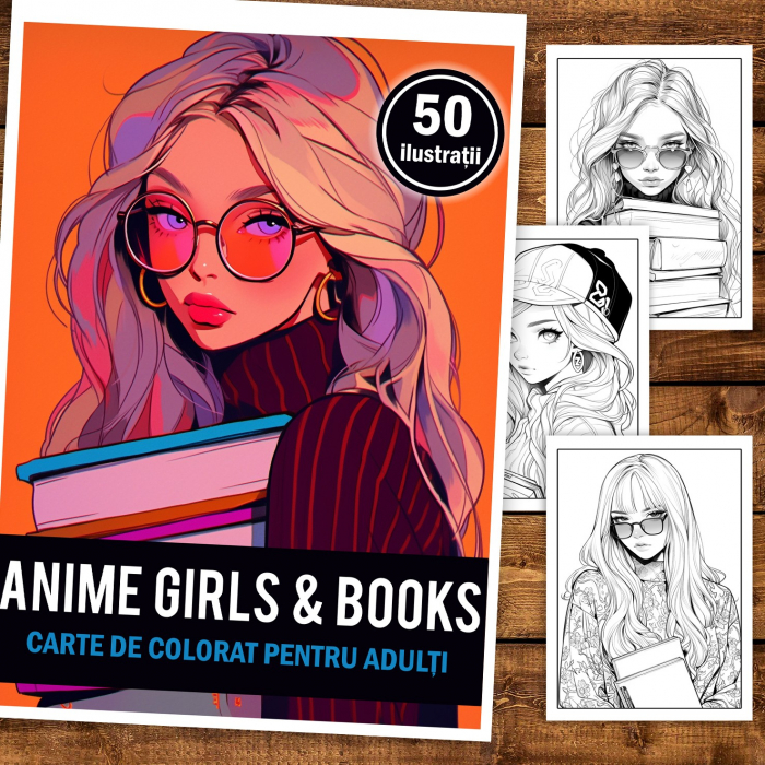 Carte de colorat pentru adulti, 50 de ilustratii, Anime Girls With Books, 106 pagini [2]
