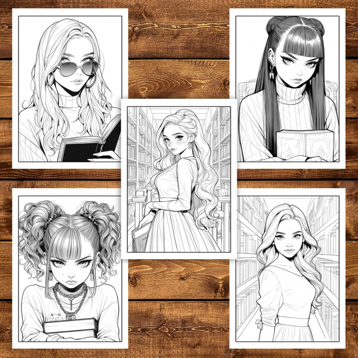 Carte de colorat pentru adulti, 50 de ilustratii, Anime Girls With Books, 106 pagini [4]