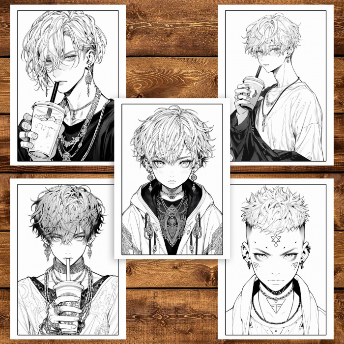 Carte de colorat pentru adulti, 50 de ilustratii, Anime Goth Boys, 106 pagini [5]