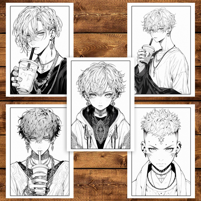 Carte de colorat pentru adulti, 50 de ilustratii, Anime Goth Boys, 106 pagini [5]