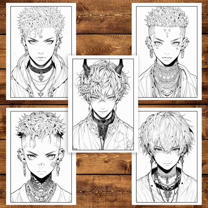 Carte de colorat pentru adulti, 50 de ilustratii, Anime Goth Boys, 106 pagini [6]
