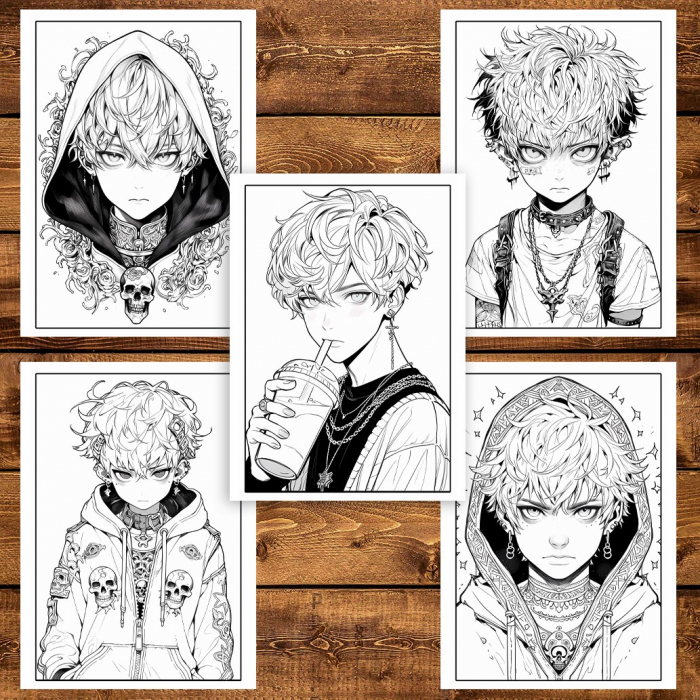 Carte de colorat pentru adulti, 50 de ilustratii, Anime Goth Boys, 106 pagini [4]