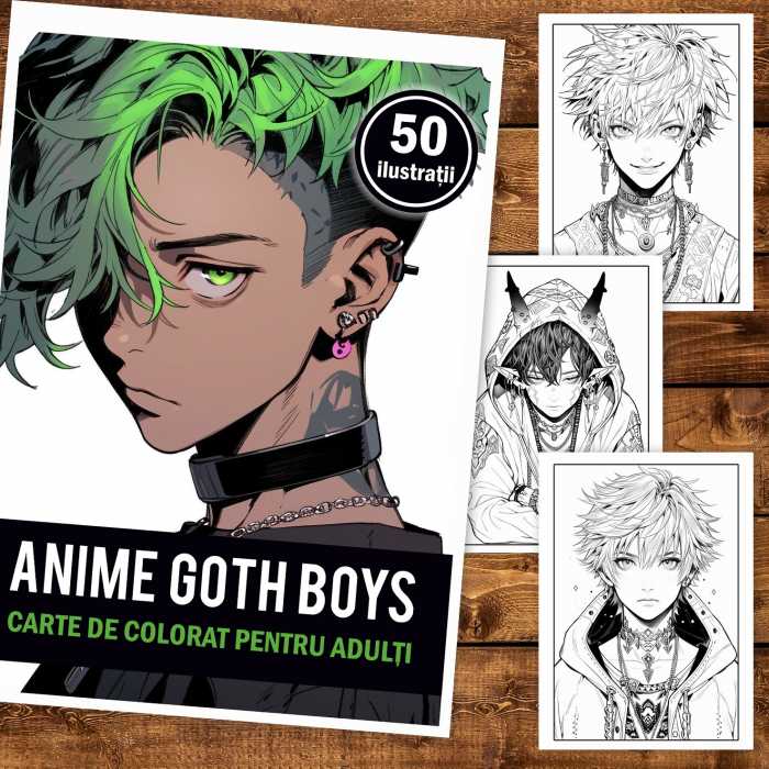 Carte de colorat pentru adulti, 50 de ilustratii, Anime Goth Boys, 106 pagini [2]