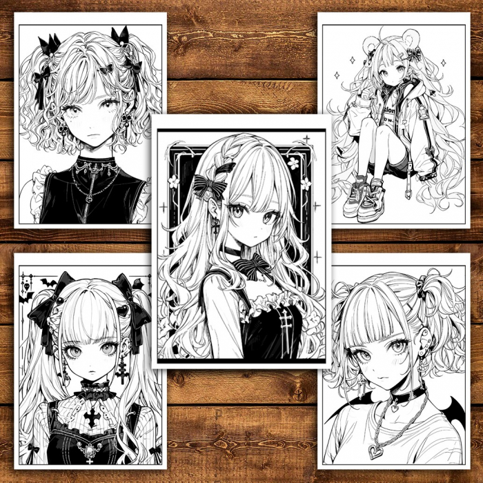 Carte de colorat pentru adulti, 50 de ilustratii, Anime Goth Girls, 106 pagini [5]