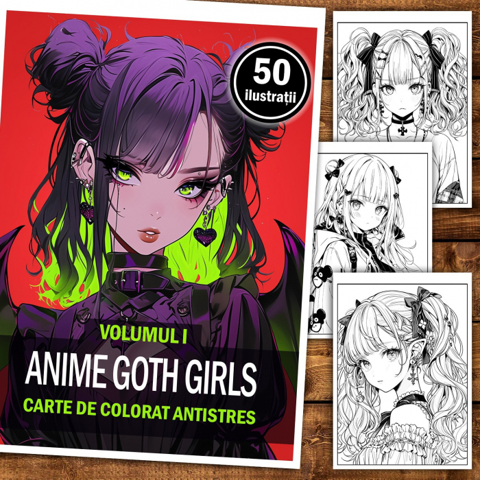 Carte de colorat pentru adulti, 50 de ilustratii, Anime Goth Girls, 106 pagini [2]